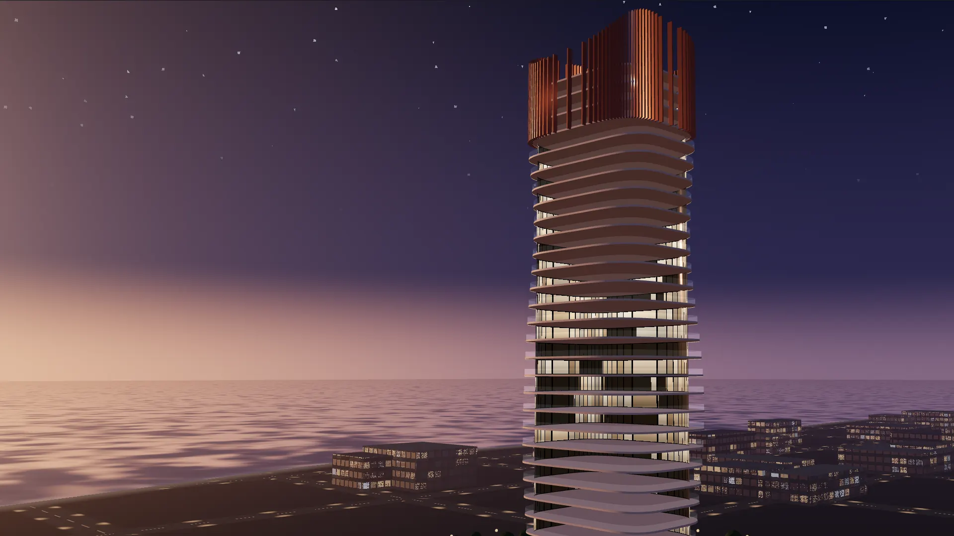 Contemporary residential tower with flowing white balconies at dusk (concept visualisation)