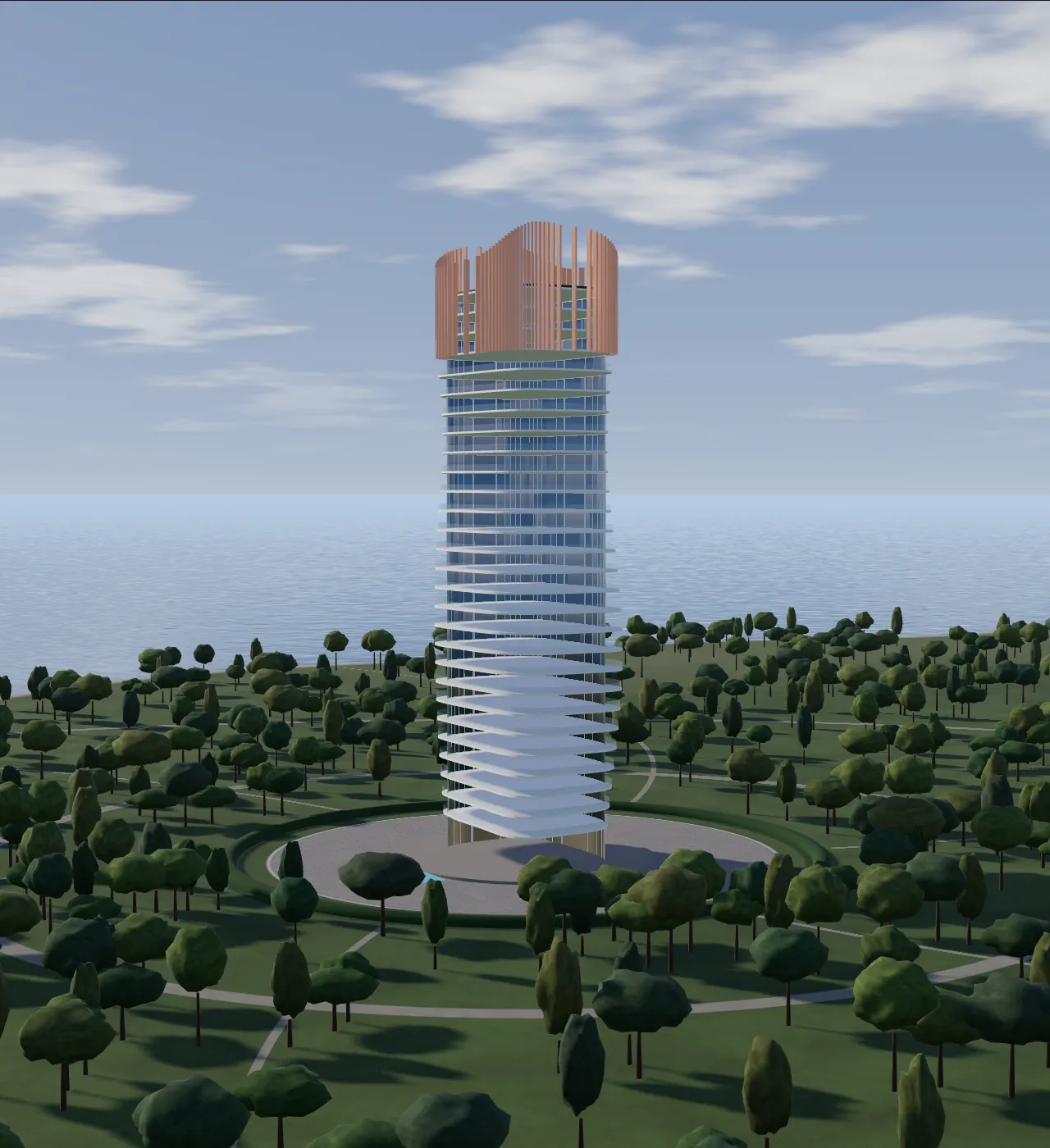 The tower in its parkland setting by the sea (concept model)